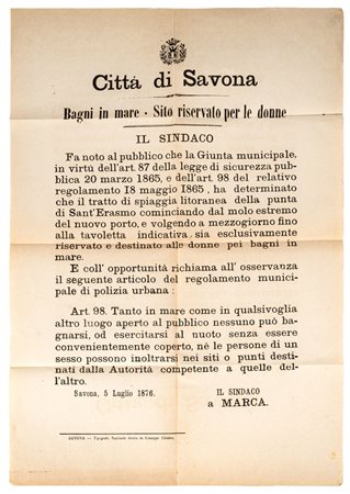 SAVONA - MANIFESTO BAGNI IN MARE SITO RISERVATO PER LE DONNESavona 5 luglio...