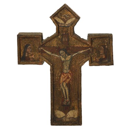 Antico crocifisso in legno di abete dipinto a tempera, 19° secolo