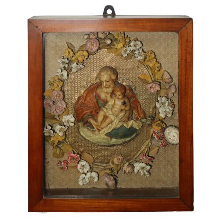 Bacheca con San Giuseppe e Bambino Gesù in cera con reliquie, 19° secolo