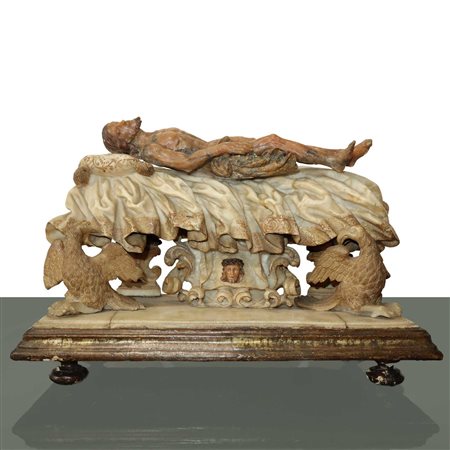 Antonello  Gagini (Palermo 1478-Palermo 1536)  - Scultura della deposizione di Cristo su base con aquile in alabastro  e in alabastro rosa di Trapani, 16° secolo