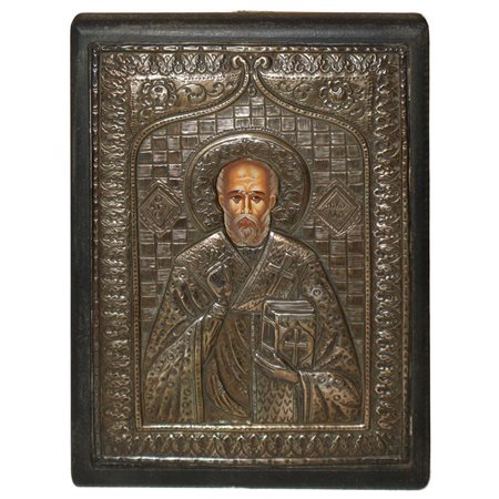 Icona bizantina con riza ricoperta in argento 750 raffigurante San Nicola, beginning of the 20° secolo