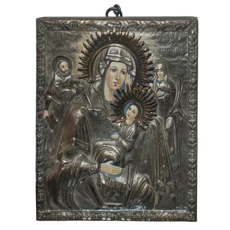 Icona russa con riza in argento 925 raffigurante Madonna con bambino e santi, 1830