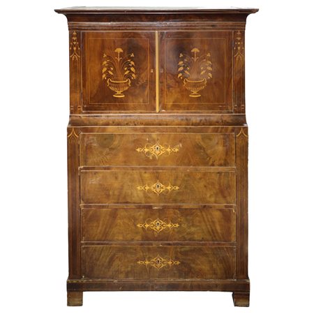 Chiffonier in legno di mogano con intarsi sul fronte e filettata ai lati, Sicily 19° secolo