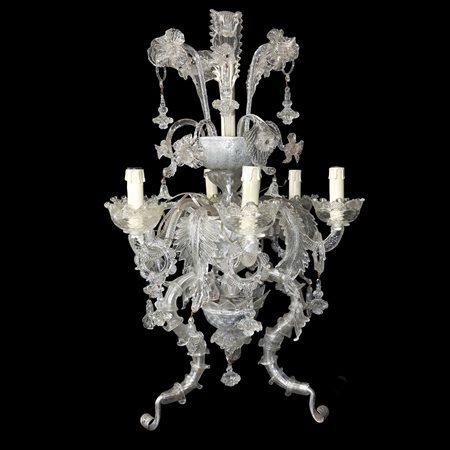 Flambeau in vetro di Murano carezzonico bianco a 7 fiamme con  base a tre razze , Fine 19° secolo