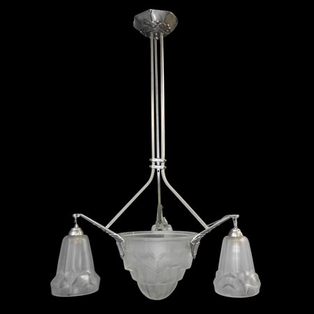 David  Gueron Degue & A. Petitot - Lampadario a sospensione Art Decò francese, in vetro sabbiato con geometrie, 1930s