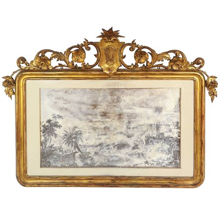 Grande Cornice dorata in legno con cimasa contenente acquaforte di città medievale