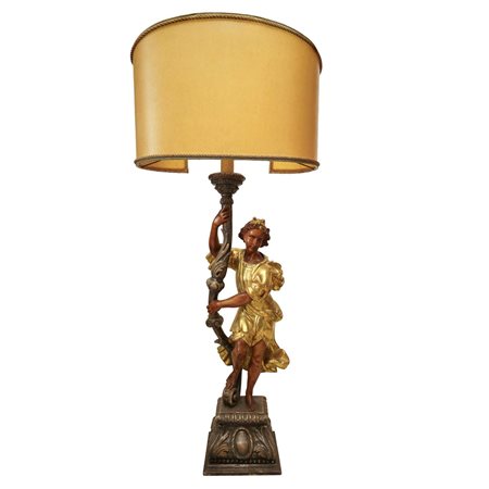 Lume con scultura policroma di angelo in legno dorato a foglia, Primi 20° secolo