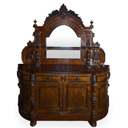 Grande piattaia in noce e radica con alzata a specchio Luigi Filippo, sculture e intagli applicati, France 19° secolo