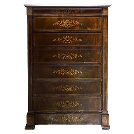 Settimanile con marmo bianco al piano, cassetti con intarsi in legni chiari a ghirlande, Sicily 19° secolo