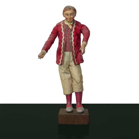 Personaggio presepiale in terracotta e legno con vesti in cotone, raso e passamaneria: giovane nobile, Naples 19° secolo