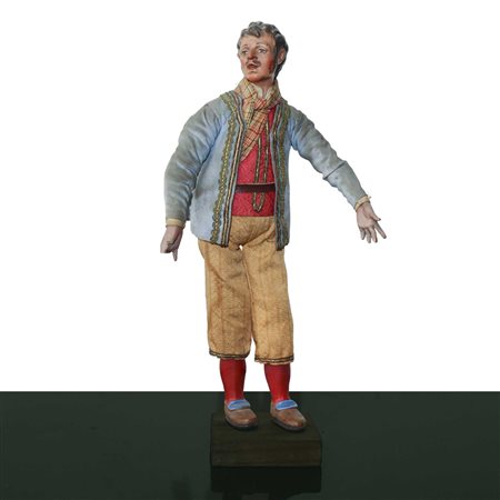 Personaggio presepiale in terracotta e legno con vesti in cotone, raso e passamaneria: popolano con baffi, Naples 19° secolo