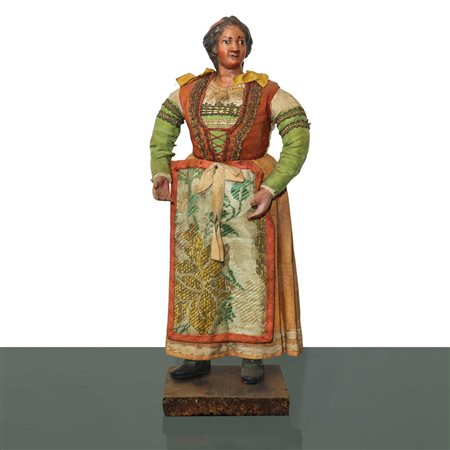 Personaggio presepiale in terracotta e legno con vesti in cotone, raso e passamaneria: popolana con grembiule , Naples 19° secolo