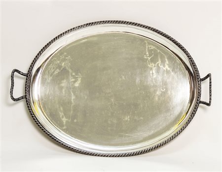 VASSOIO OVALE IN RAME ARGENTATO - OVAL SILVER PLATE ON COPPER TRAY bordo...