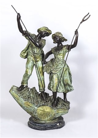 GRANDE GRUPPO IN ANTIMONIO PATINATO VERDE - PATINATED ANTIMONY FIGURAL GROUP...