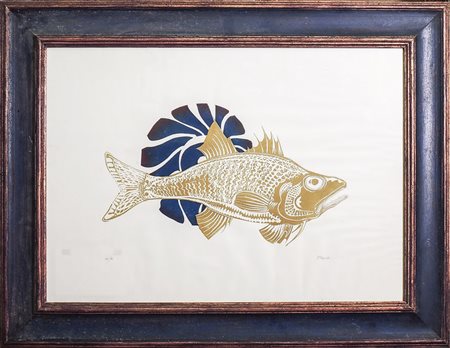 PESCE - FISH litografia - lithograph, es 10/36, firmata, in cornice cm 46x65
