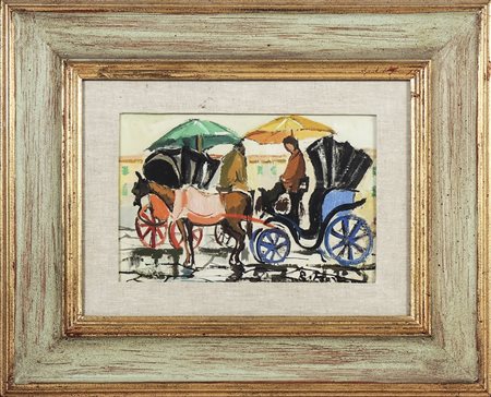 RODOLFO MARMA (1923-1999) Carrozzelle - Coaches olio su cartone telato - oil...