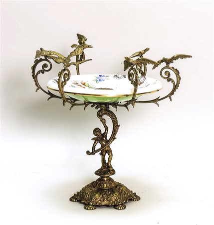 ALZATA CENTROTAVOLA IN BRONZO DORATO E PORCELLANA - GILDED BRONZE AND...