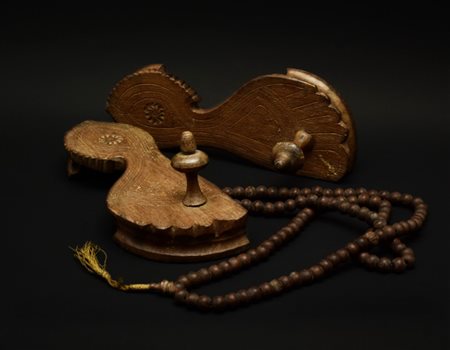 A rare India pair of padukas sandals and a Hindu ascetic rosary
