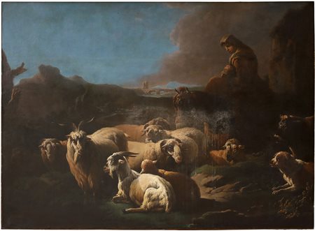 Philipp Peter Roos, detto Rosa da Tivoli (1655 - 1706), attribuito a
Paesaggio con armenti e pastora con un bimbo in grembo