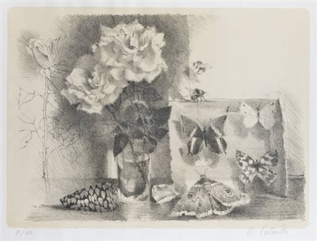 MARIO CALANDRI<BR>Torino 1914 - 1993<BR>"Senza titolo (rose, conchiglia e scatola degli insetti)" fine anni Cinquanta