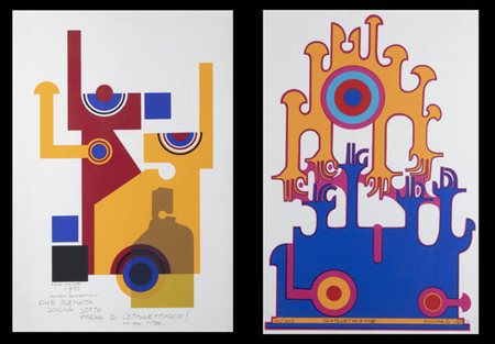 MARIO MOLINARI<BR>Coazze (TO) 1930 - 2000 Torino<BR>Lotto di due serigrafie:<BR>A) "Compenetrazione" 1982<BR>B) "Ricordo della bottiglia" 1983
