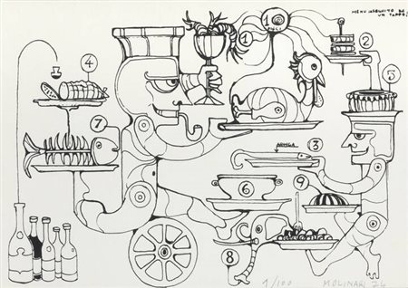 MARIO MOLINARI<BR>Coazze (TO) 1930 - 2000 Torino<BR>"Menu inseguito da un tappo" 1974