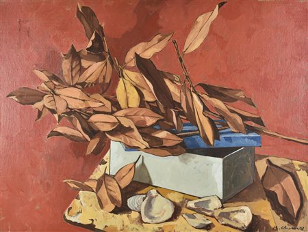 Mauro Chessa (1933 - 2022) FOGLIE, SCATOLA E FOSSILI, 2002 olio su tela, cm...