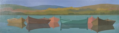 Roberto Masi (1940 - 2011) BARCHE olio su faesite, cm 20x70 firma sul retro:...