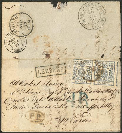 Antichi Stati Italiani - Parma - Lettera per la Spagna affrancata con coppia 40 cent azzurro (11)