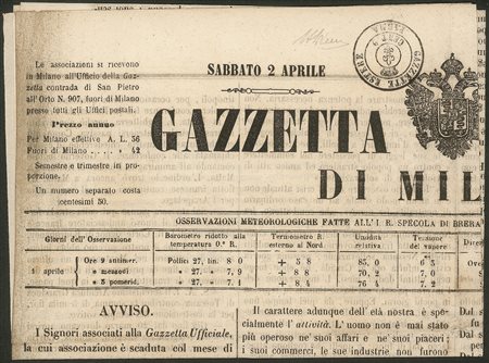 Antichi Stati Italiani - Parma - Giornale Gazzetta di Milano del sabato 2 aprile 1853