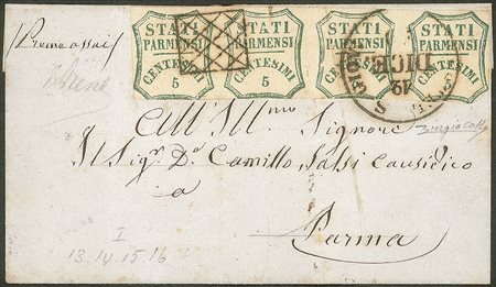 Antichi Stati Italiani - Parma - Governo Provvisorio - Lettera affrancata con striscia di quattro del 5 cent verde azzurro (12)