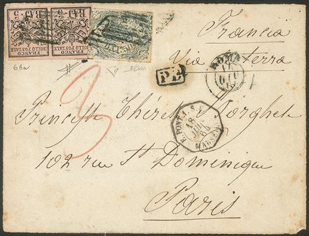 Antichi Stati Italiani - Stato pontificio - Fronte di lettera con coppia 5 baj rosa + 50 baj azzurro