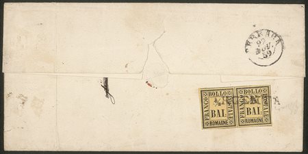 Antichi Stati Italiani - Romagne - Lettera per Ferrara affrancata al verso con una coppia del 1/2 baj giallo paglia (1)