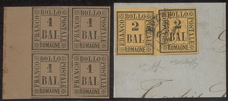 Antichi Stati Italiani - Romagne - Quartina nuova 1 baj + frammento con due esemplari 2 baj annullo a cerchio