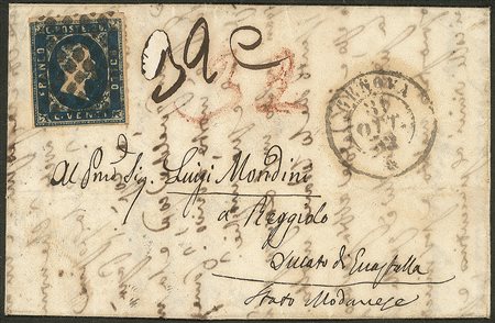 Antichi Stati Italiani - Sardegna - Piccola lettera per Guastalla con 20 cent azzurro scuro (2b)