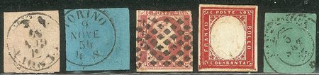 Antichi Stati Italiani - Sardegna - 1851/1853 - Lotto di quattro esemplari usati + uno nuovo