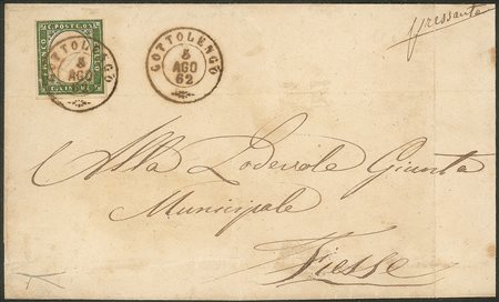 Antichi Stati Italiani - Sardegna - Lettera affrancata con 5 cent verde olivastro (13Dc)