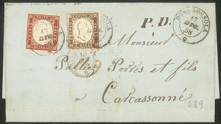 Antichi Stati Italiani - Sardegna - Lettera con 10 cent terra d'ombra + 40 cent rosso scarlatto