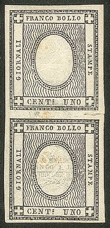 Antichi Stati Italiani - Sardegna - Coppia verticale del 1 cent grigio con errore di cifra 2 con ulteriore terza cifra a cavallo della coppia (19faI)