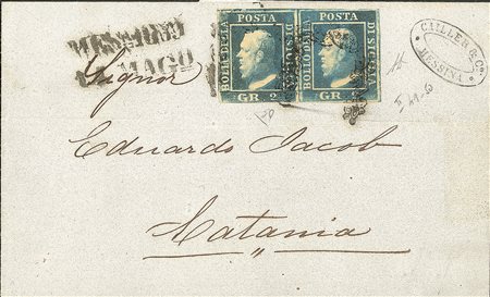 Antichi Stati Italiani - Sicilia - 2 grana azzurro oltremare (7d) in coppia orizzontale (Posiz. 49/50)