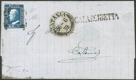 Antichi Stati Italiani - Sicilia - Lineare Calascibetta su lettera per Catania del 30 giugno 1859 affrancata con 2 gr azzurro scurissimo III tavola carta di Palermo (8a - P.ti 9)