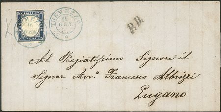 Regno - Vittorio Emanuele II - Lettera con 20 cent azzurro oltremare (15Dc)
