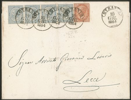 Regno - Vittorio Emanuele II - Rara lettera affrancata con 10 cent ocra arancio + striscia di quattro 15 cent celeste (L17 + L18)