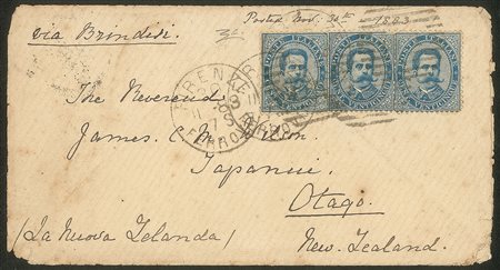 Regno - Umberto I - Bustina affrancata con tre esemplari del 25 cent azzurro Floreale (40)