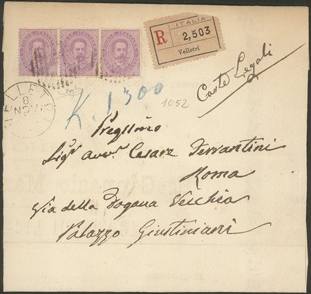 Regno - Umberto I - Raccomandata con striscia di tre 50 cent violetto (42)