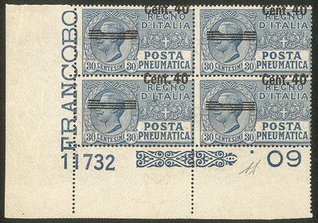 Regno - Vittorio Emanuele III - 1924/1925 - Posta Pneumatica - 40 cent Leoni su 30 cent azzurro in quartina (7c)