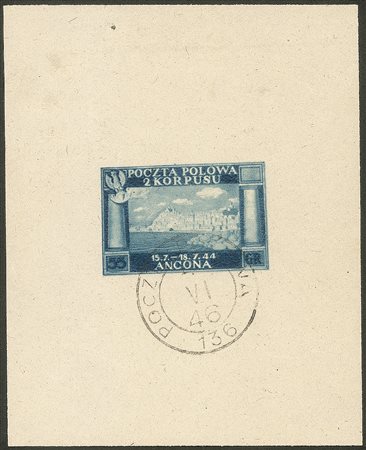 Corpo Polacco - 1946 - Foglietto 55 g. Vittorie Polacche in Italia su carta grigia leggera annullato Poczta Polowa 4.IV.46 (BF2A)