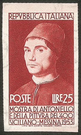 Repubblica - 1953 - 25 lire rosso bruno Antonello da Messina non dentellato (706a)