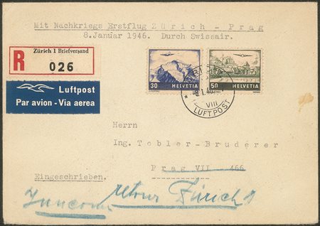 Svizzera - 1946 - Primo Volo Swissair Zurigo Praga del 8 gennaio