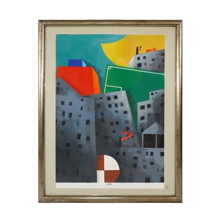 Emilio Tadini (Milano 1927 - Milano 2002)  - Case e campo di calcio